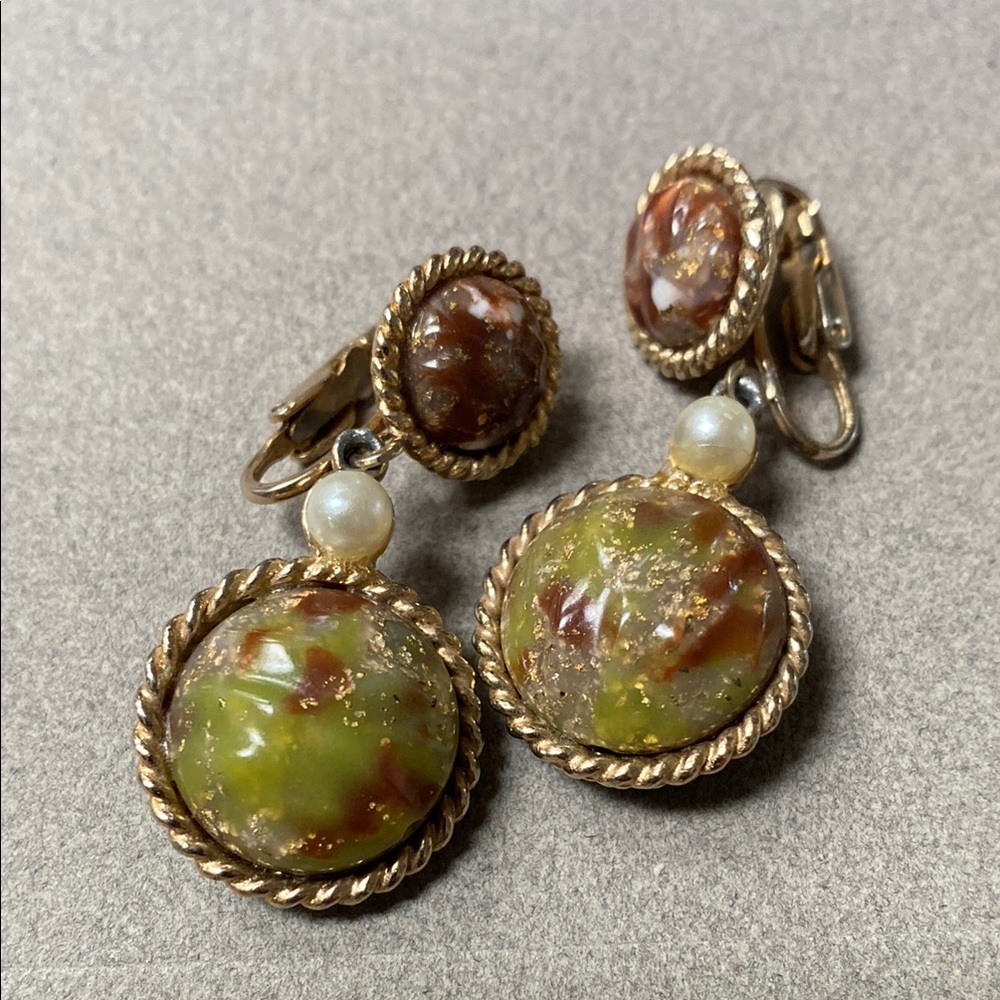 Vintage Kramer Gold, Green and Brown Lucite Clip-On Earrings